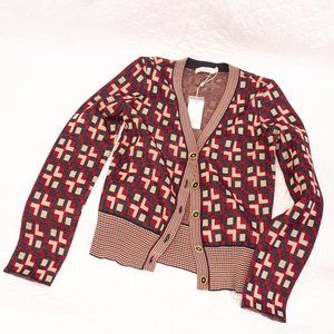 Tory Burch Logo Jacquard Cardigan In Light Royal Burgundy